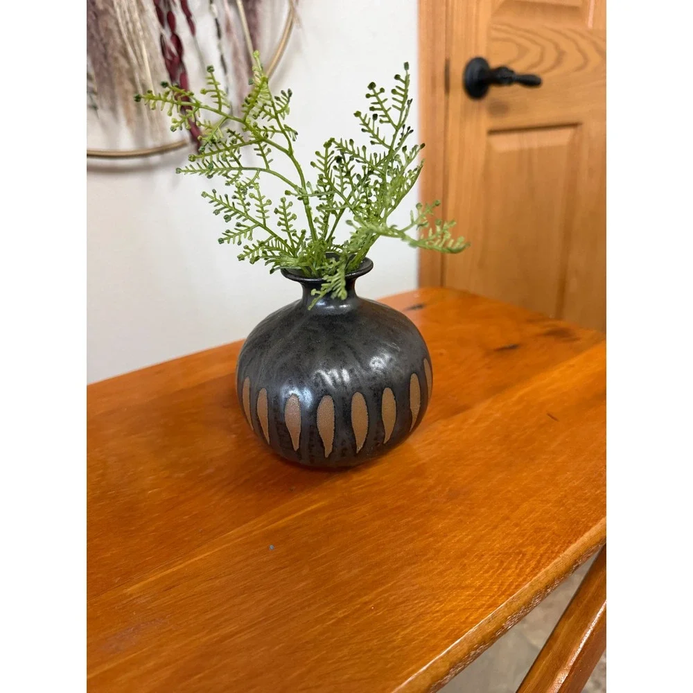 Artisan Studio Pottery Bud Vase Dark Metallic Glaze Stoneware Handcrafted 4.5